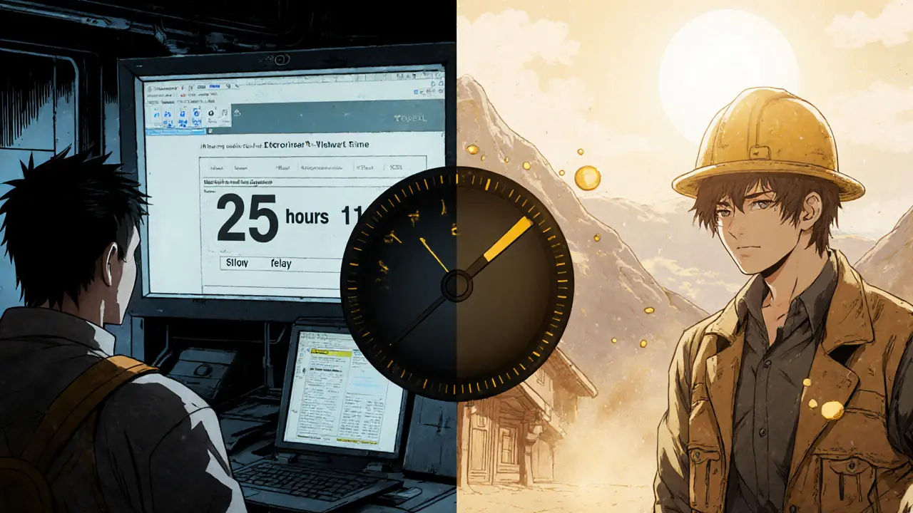 Two miners reacting to different block times — one frustrated, one calm — with a difficulty dial between them.