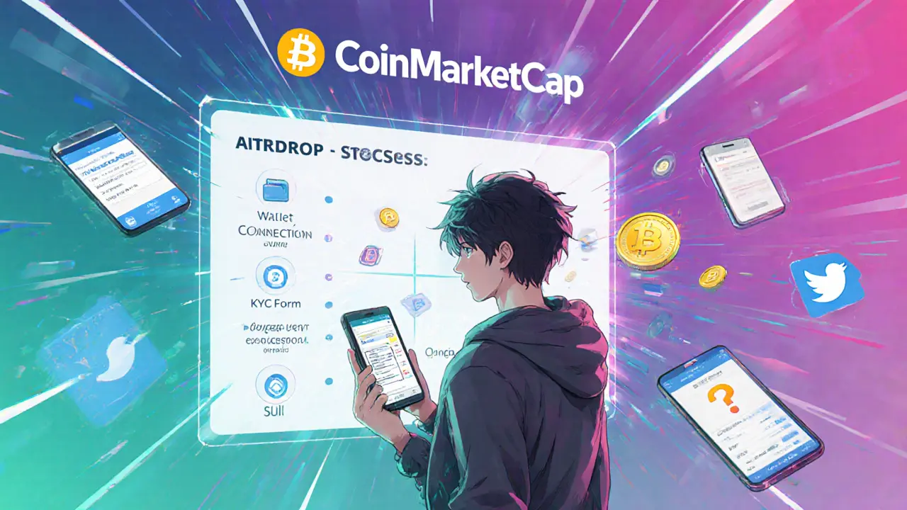Young person using a smartphone with holographic icons for a crypto airdrop steps.