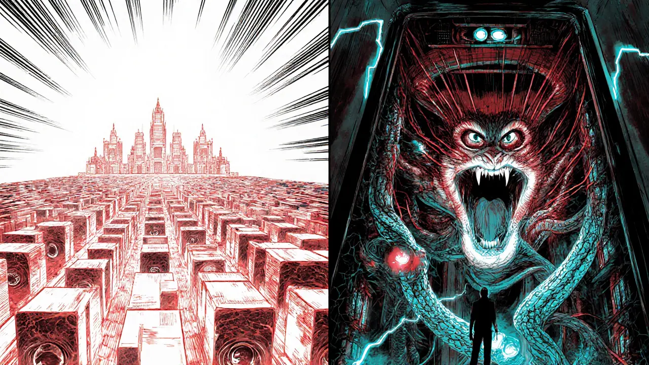 A blockchain temple is corrupted by malware flowing from a cracked Oracle server, with a desperate engineer trying to stop it.