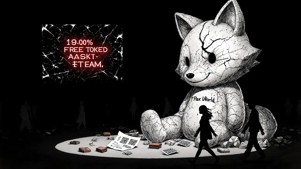 A broken fox statue stands alone on an empty stage as people walk away into darkness.