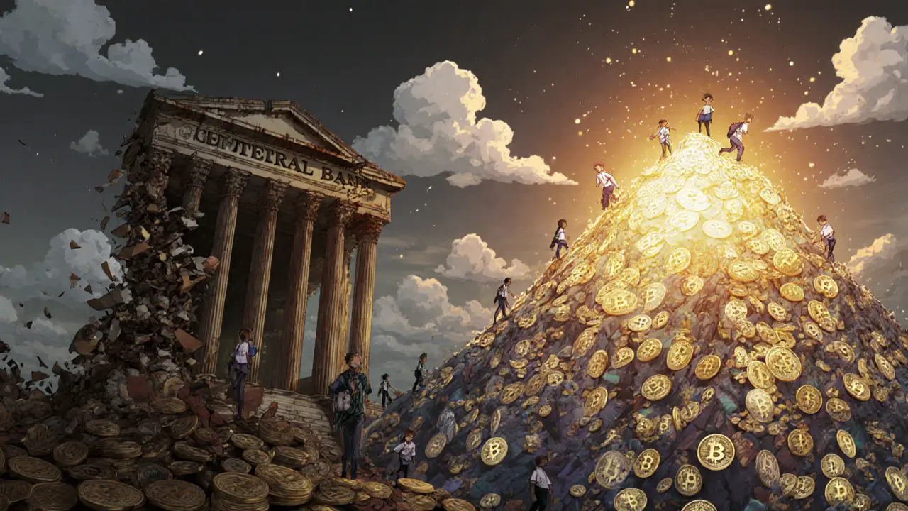 A collapsing naira tower vs. a rising mountain of crypto tokens, symbolizing Nigeria’s financial shift.