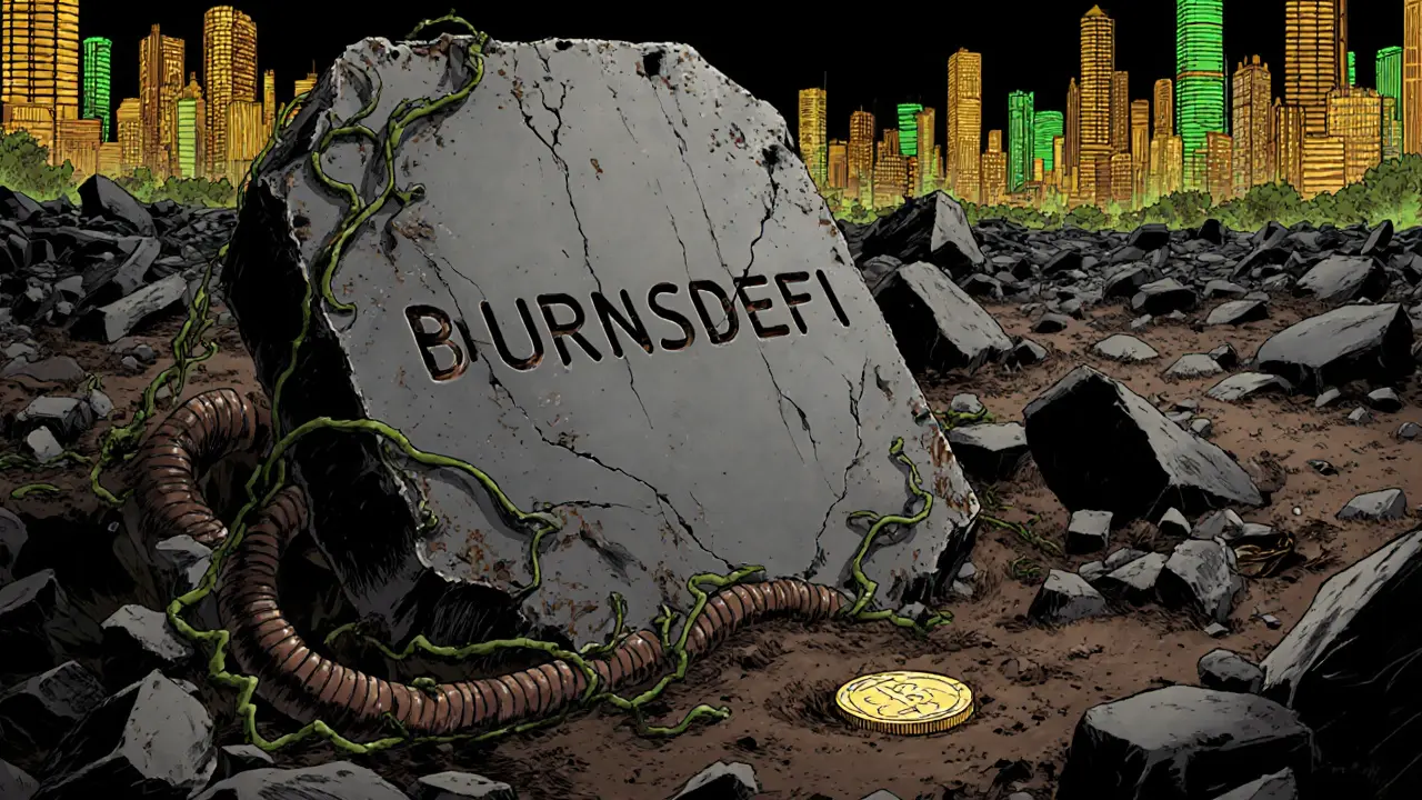 A crumbling monument to BURNS buried in digital ruins, while thriving DeFi cities glow in the distance.