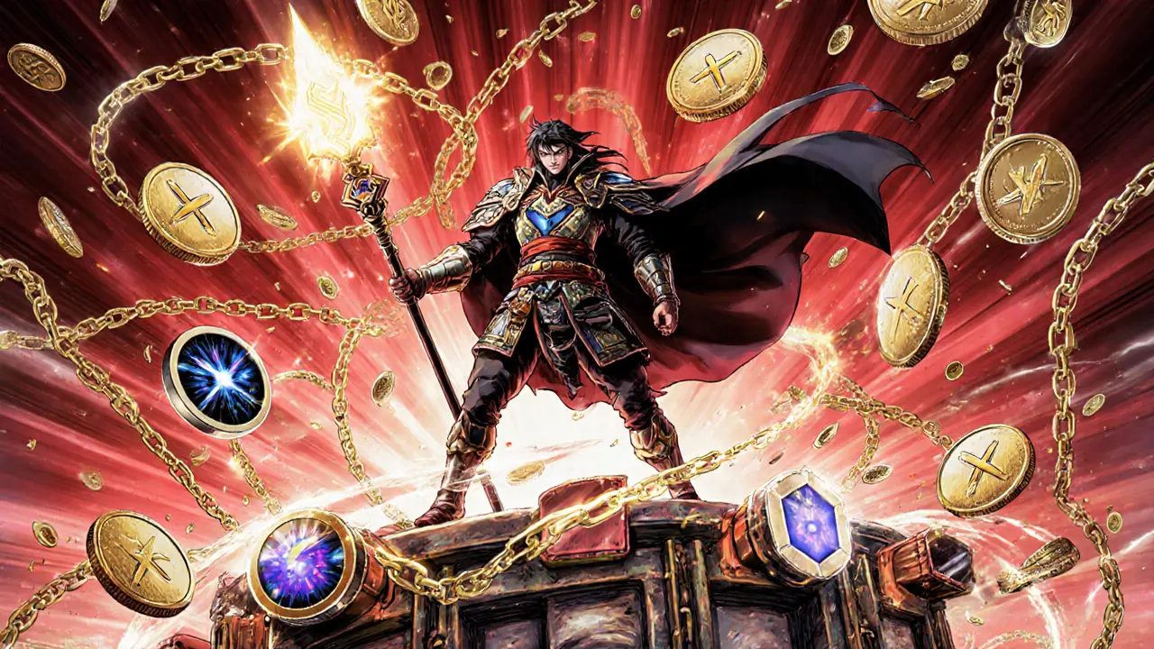 A DeFi warrior earning SUSHI rewards across multiple blockchains in dynamic manga scene.