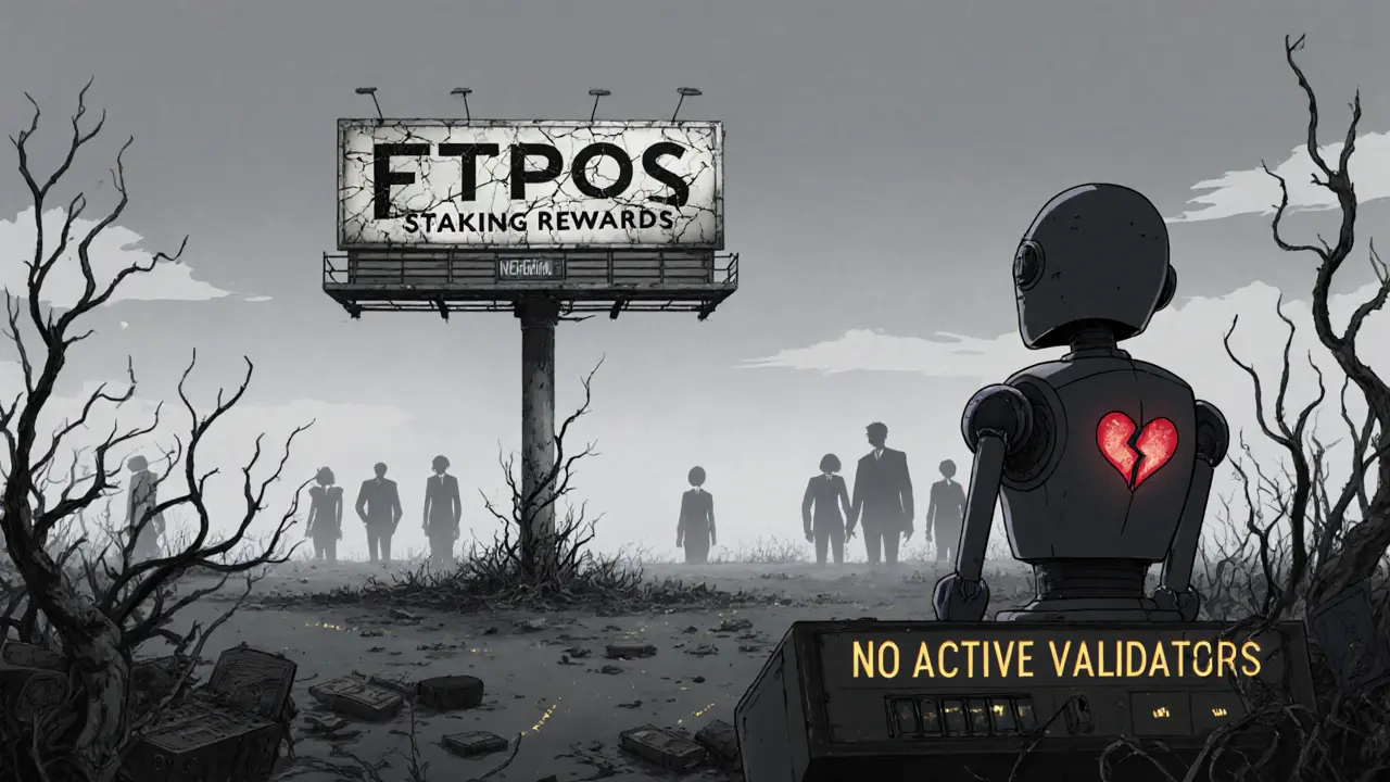 A desolate digital wasteland with a broken ETPOS staking billboard and a lonely robot staring at a blank screen.