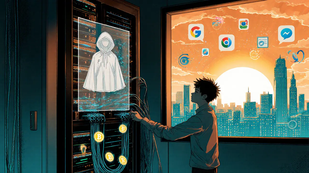A developer setting up a mixnode with NYM tokens flowing through cables, protected by a privacy cloak at sunrise.