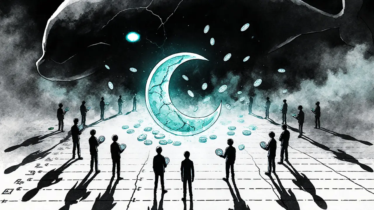 A fading moon-shaped token hovers above a blockchain ledger as 153 faceless holders watch it dissolve into smoke.