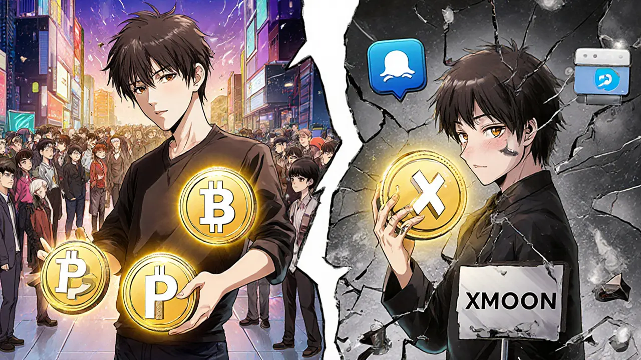 A fractured mirror shows a thriving crypto community on one side and a lonely figure holding XMOON on the other.