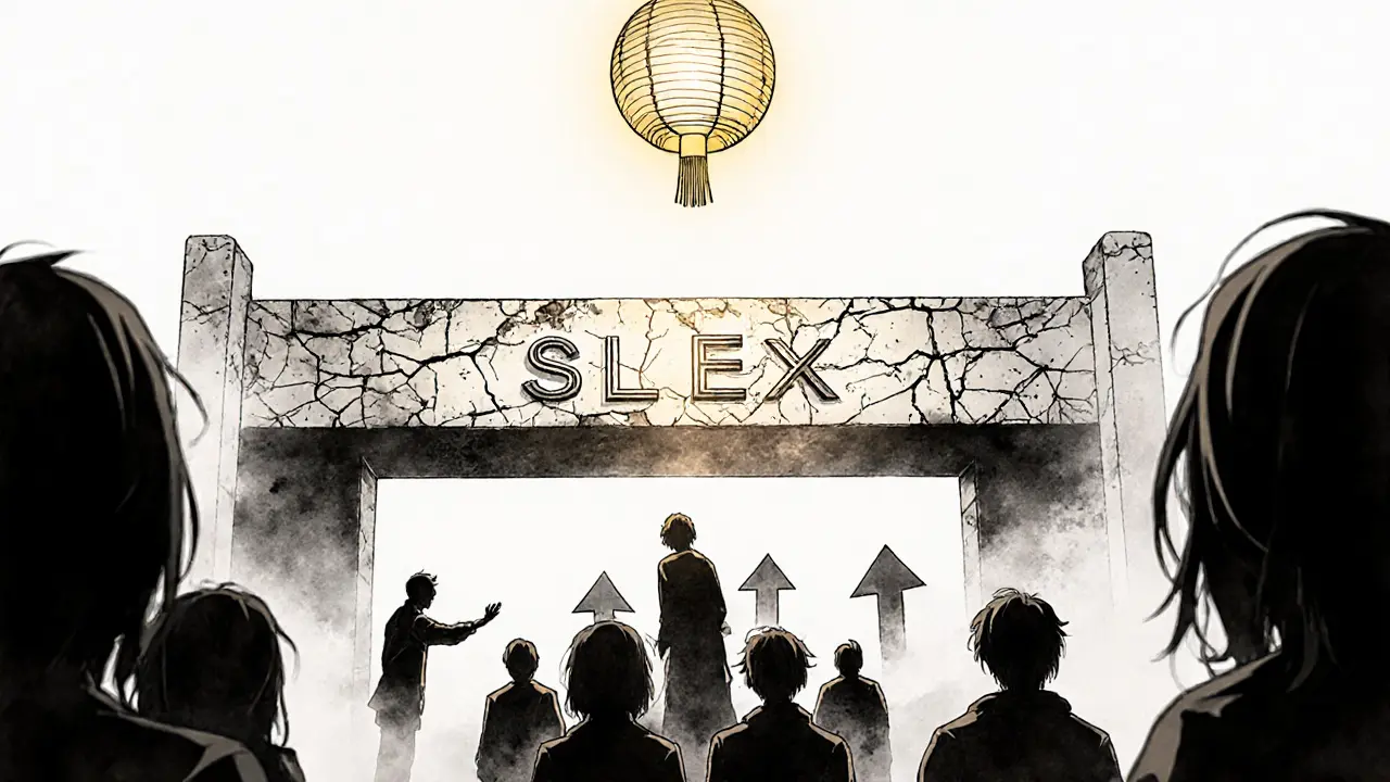 A fragile SLEX token floating above a decaying exchange platform with faint referral pyramid shadows.