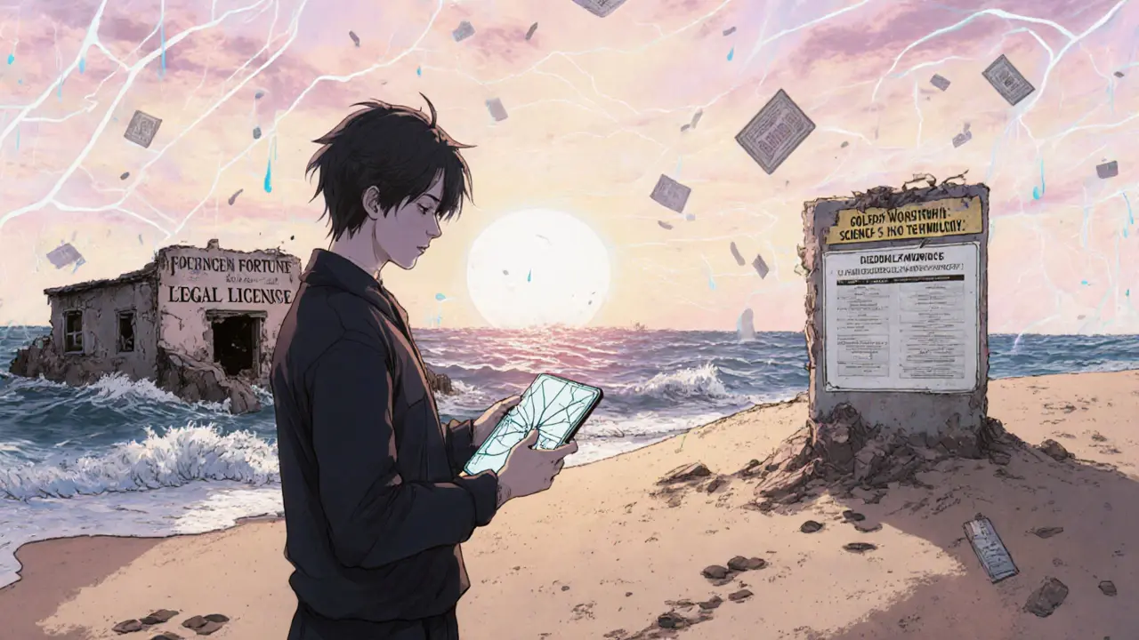 A freed victim on a beach at dawn, staring at a broken phone as a fake tech compound crumbles behind them.