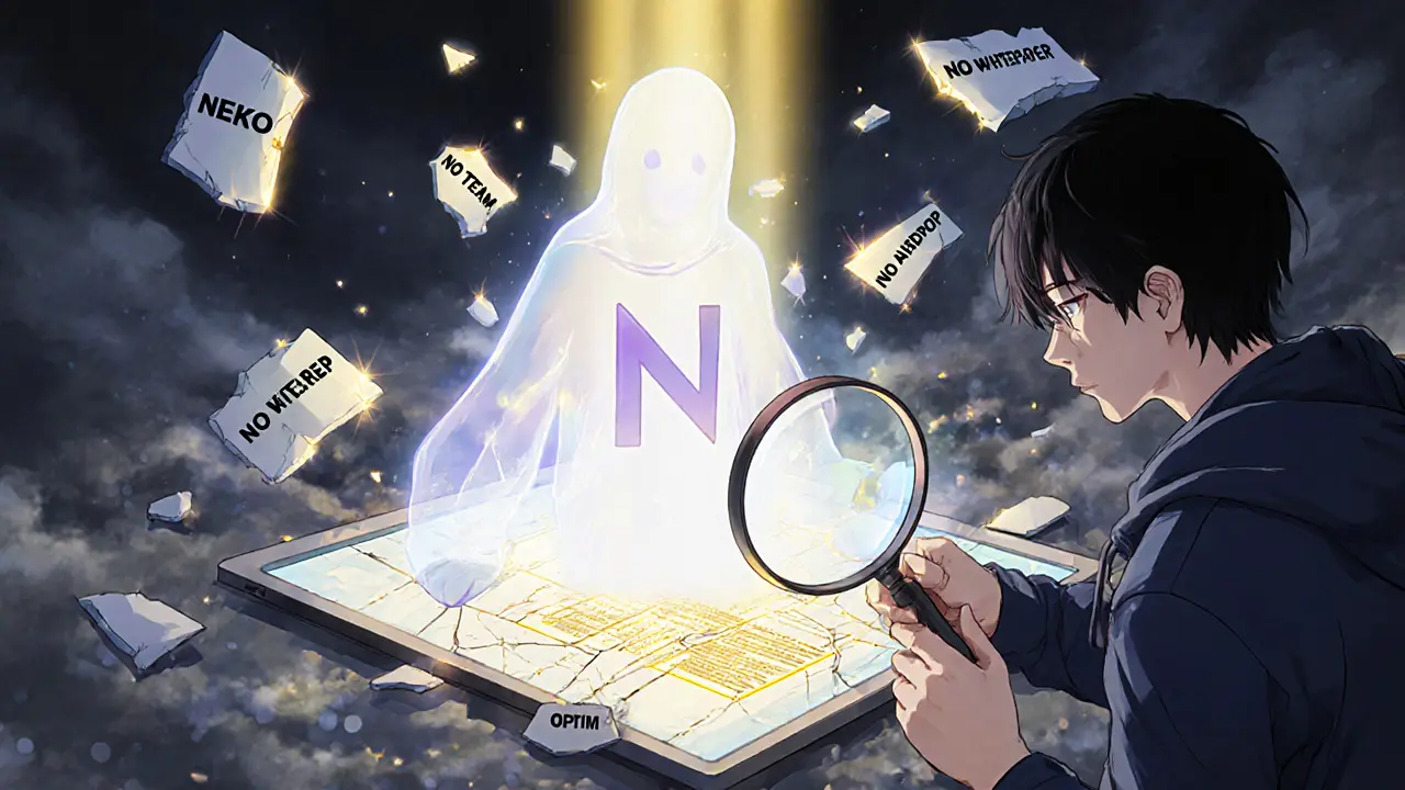 A ghostly NEKO spirit dissolving into fragments while a hero examines a verified contract address under glowing light.