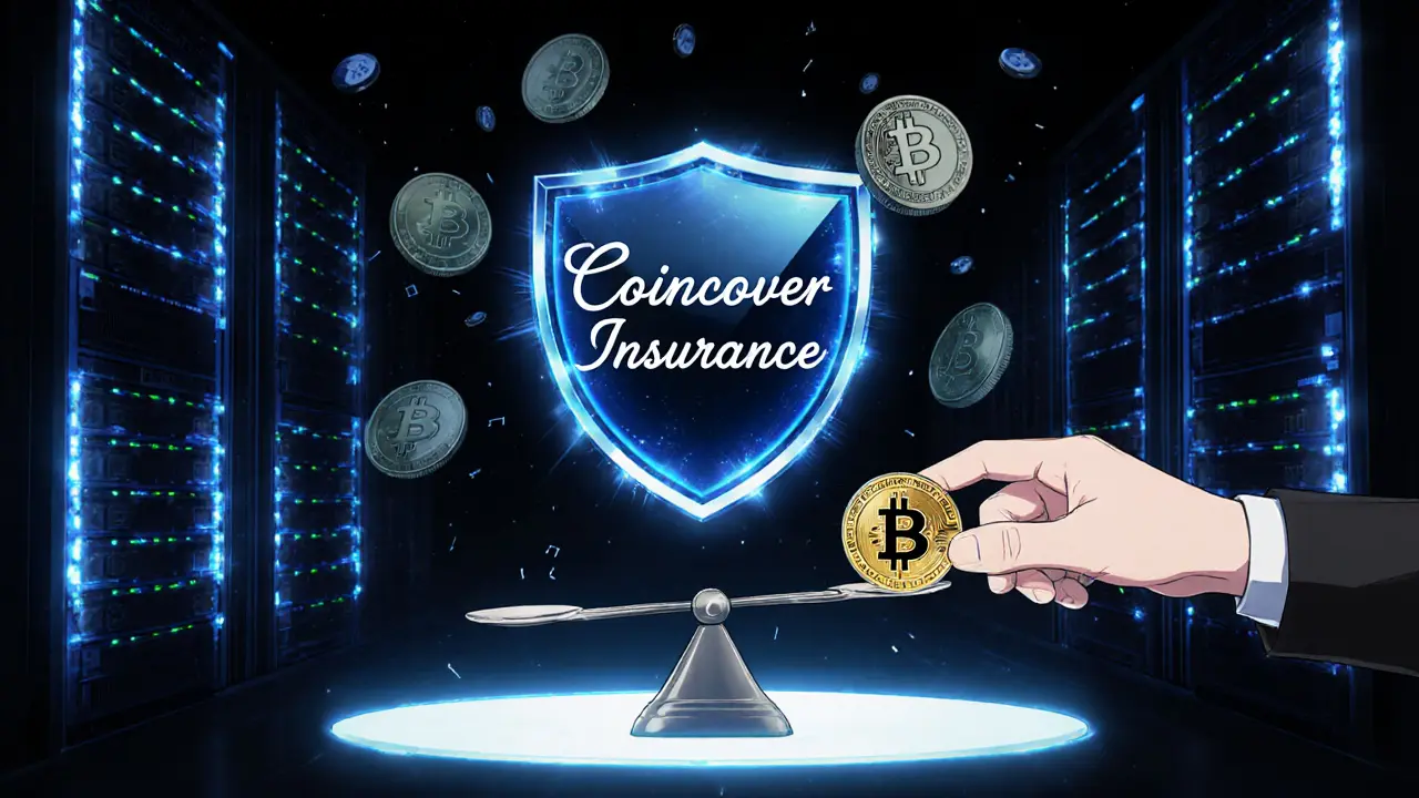 A glowing digital vault with blockchain ledgers and a shield of coins, representing Bitso’s security and insurance protection for users.