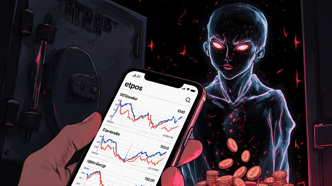 A hand holding a phone showing conflicting ETPOS price charts, with a ghostly figure draining tokens.