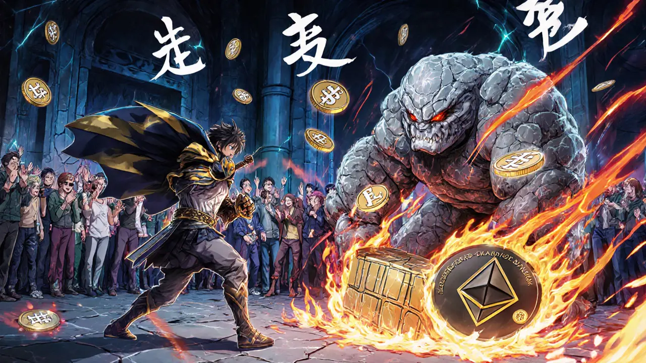 A heroic stETH warrior battling a massive traditional staking golem in a digital battlefield with DeFi portals glowing behind.