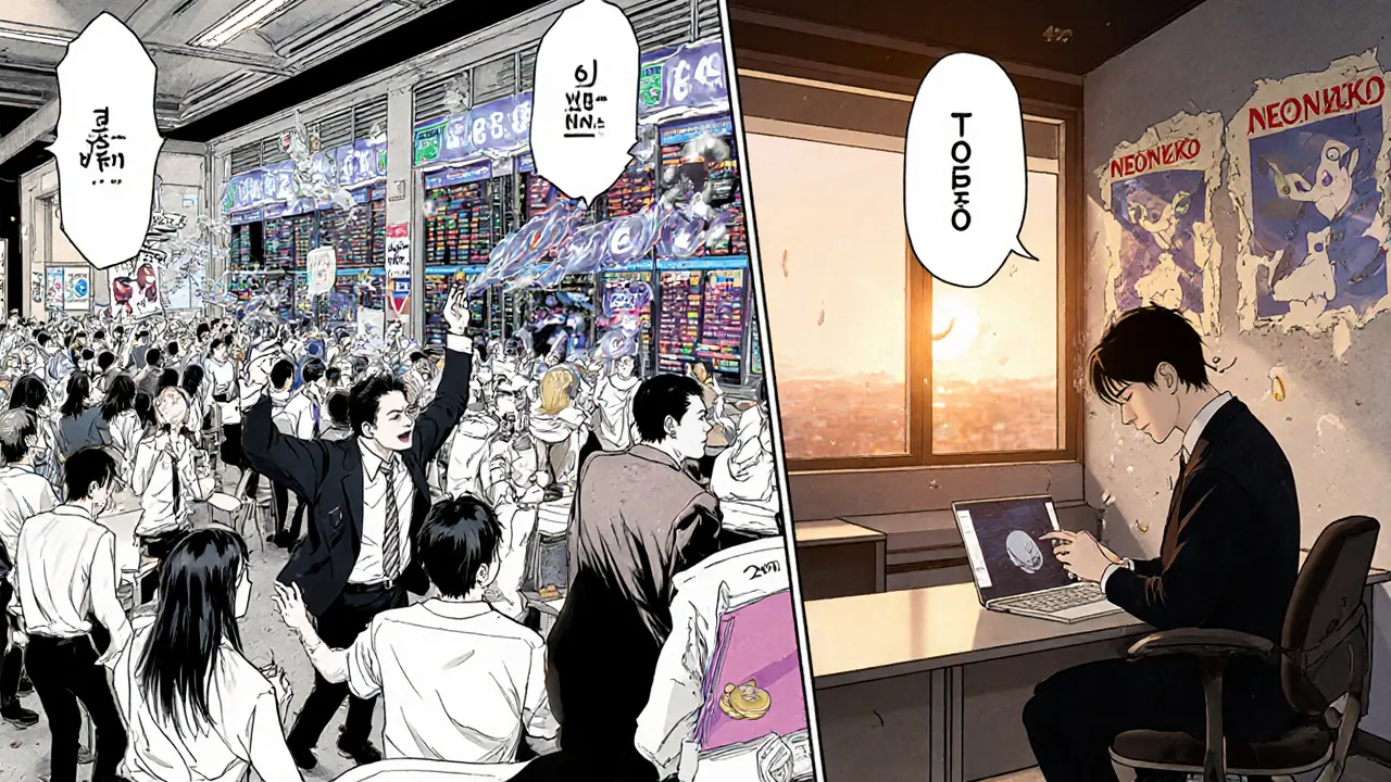 A once-busy crypto trading floor now empty, with faded NEKO posters and one trader checking a zero wallet balance at sunset.