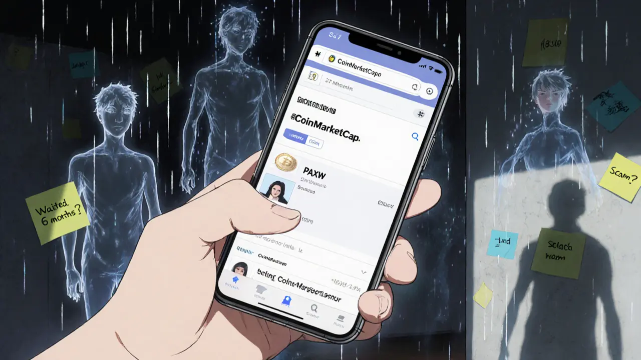 A person stares at a phone showing a dead crypto project while ghostly users fade around them.