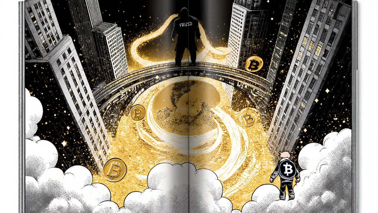 A symbolic bridge linking Wall Street to blockchain, with FRXUSD flowing as golden rivers while a retail user stands confused on the sidelines.