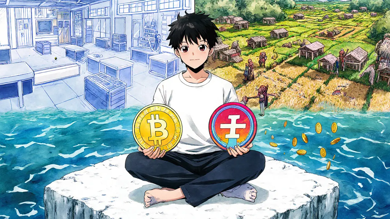 A trader holding UNI and SUSHI tokens, with calm Uniswap landscape on one side and busy SushiSwap yield farm on the other.