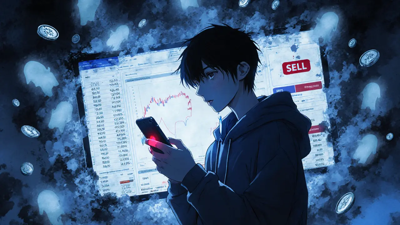 A trader stares at a phone showing zero-volume crypto charts, surrounded by dissolving coins.