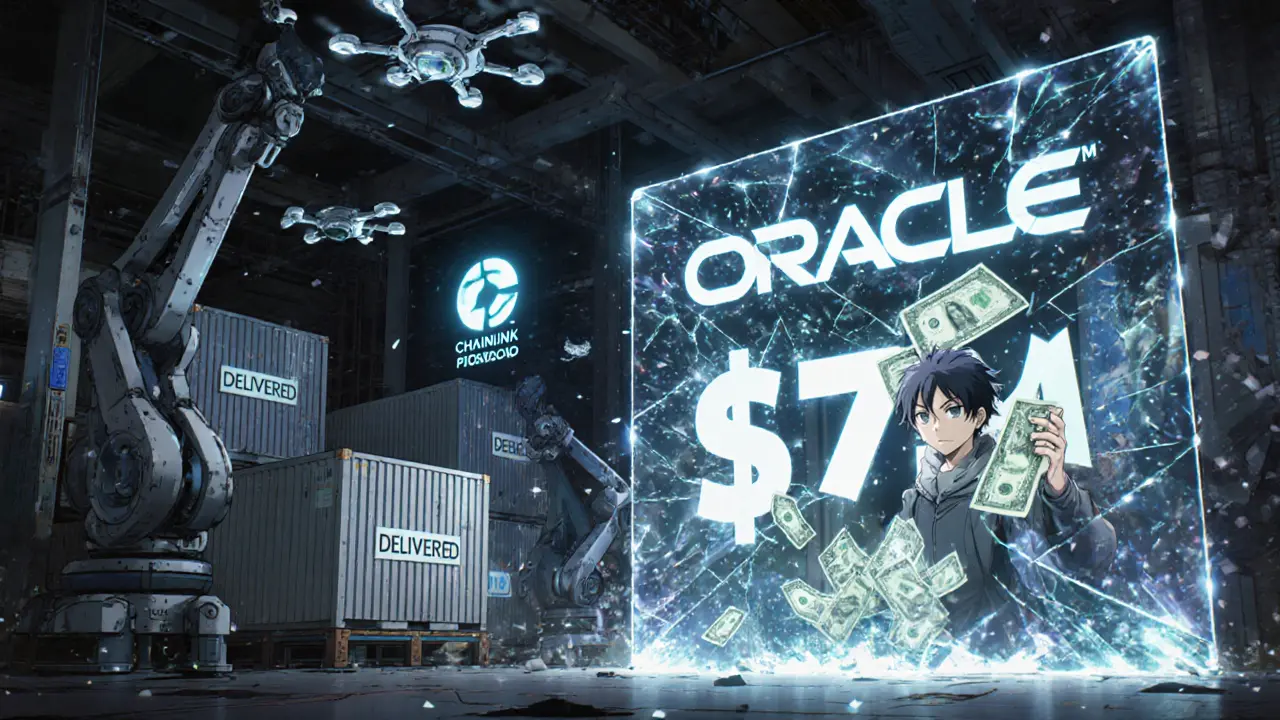 A warehouse is flooded with fake payments as an Oracle logo shatters, revealing a hacker inside while decentralized oracles glow nearby.