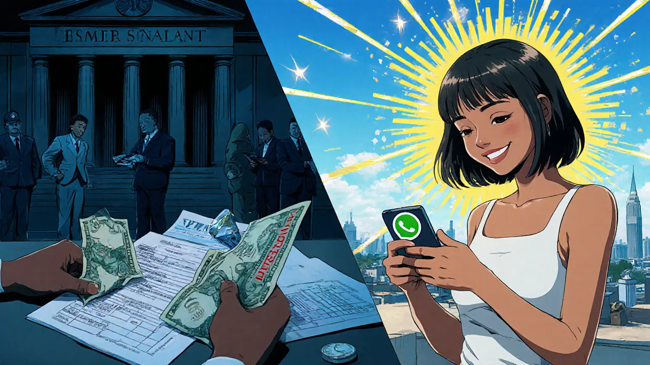 A woman sending USDT via WhatsApp on a rooftop, contrasting with a denied bank transaction in the background.