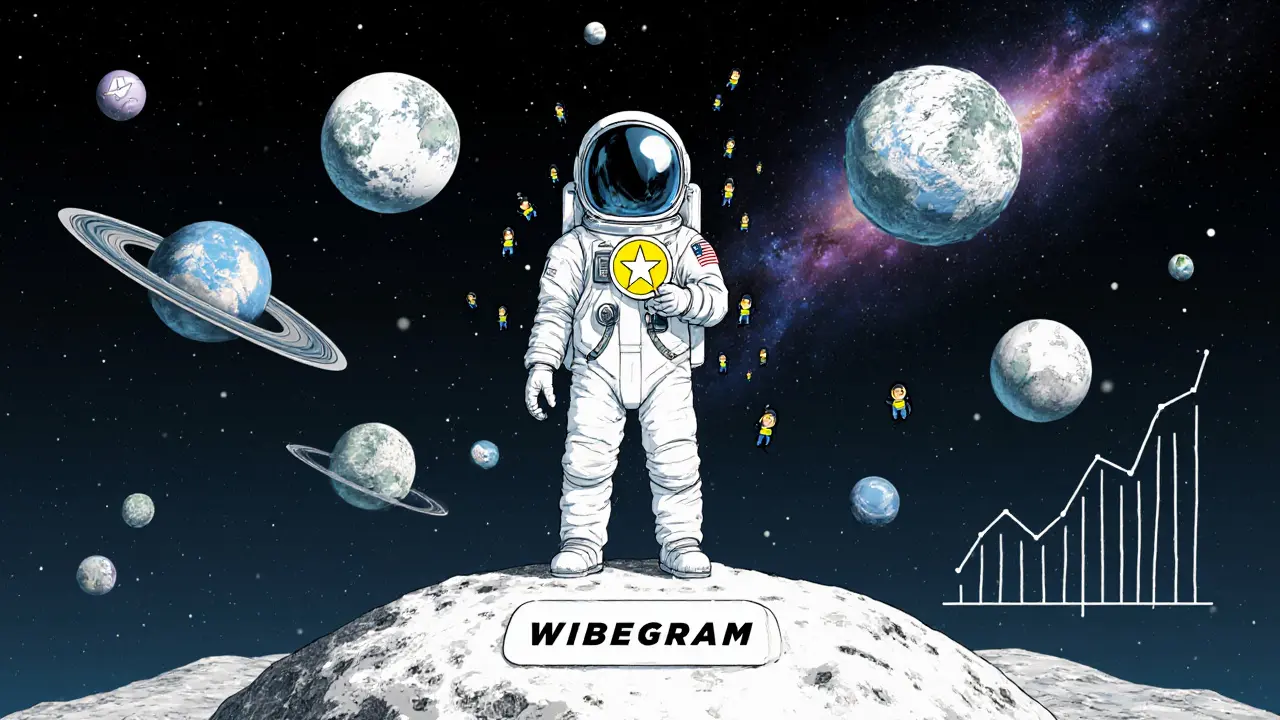 An astronaut on a small asteroid labeled Wibegram, holding a glowing token among distant crypto planets.
