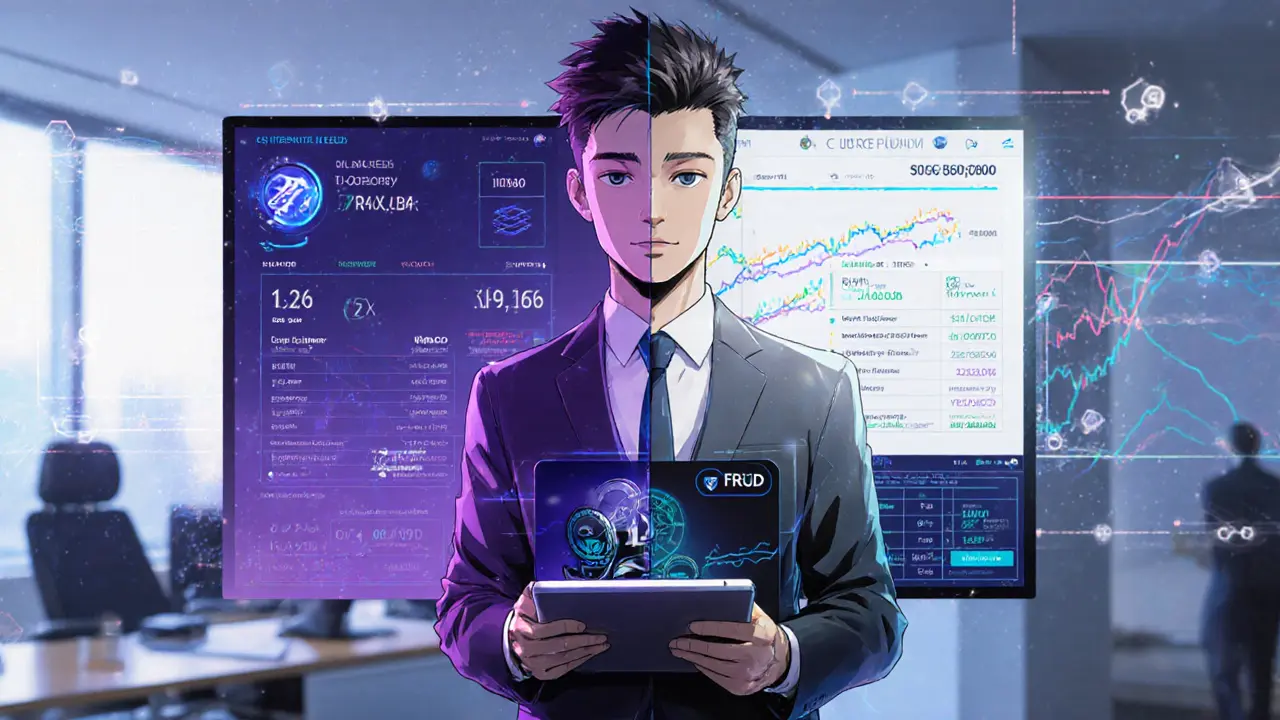 An institutional investor viewing FRXUSD and sfrxUSD balances on a tablet, with tokenized Treasuries and DeFi liquidity in the background.