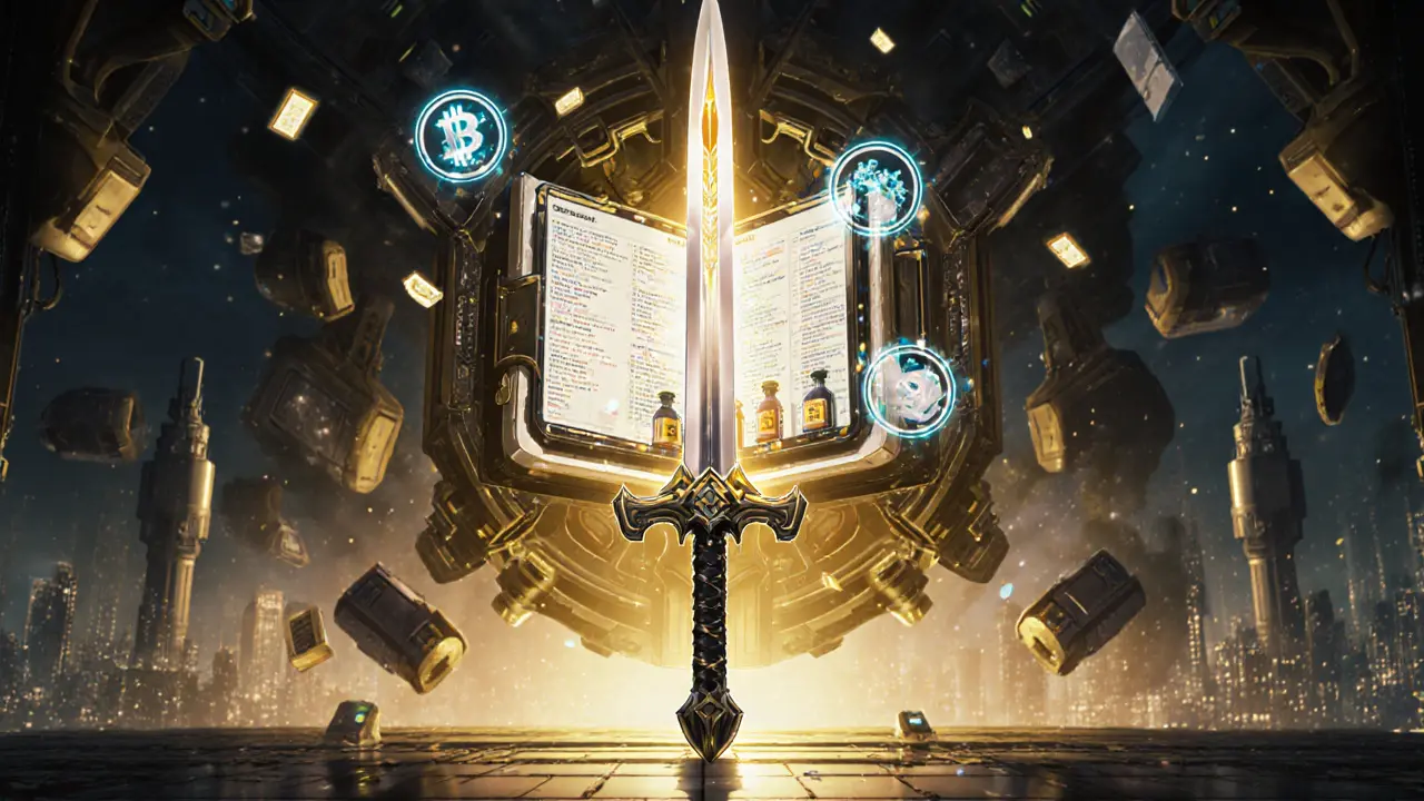 An NFT sword with its own wallet holding items, powered by ERC-6551 in a digital realm.