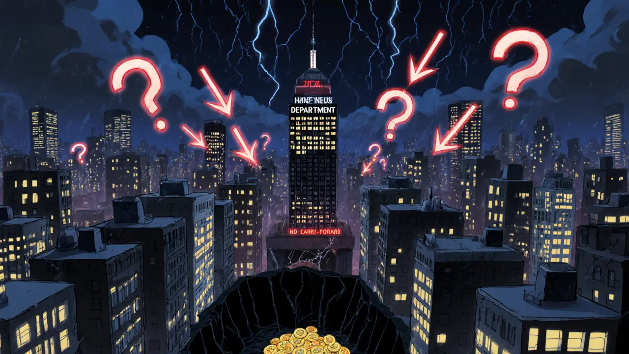 City of traders under a tax tower raining 30% bolts, lost coins sinking into a void.