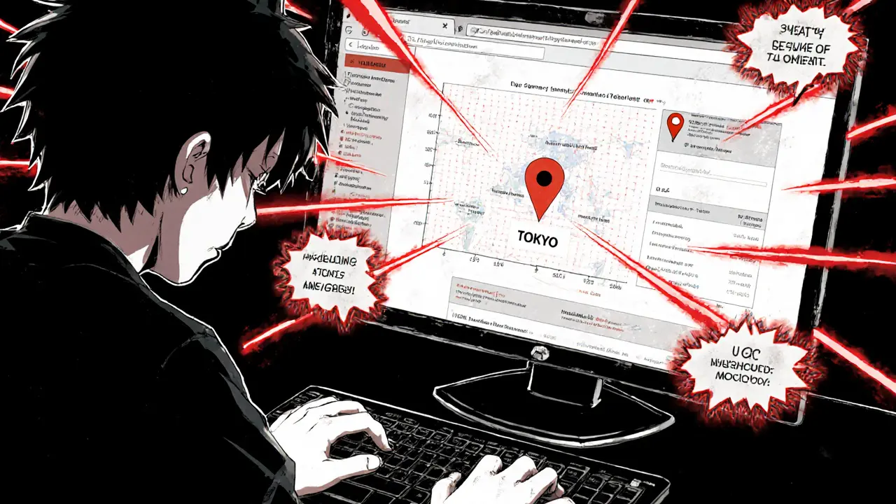 Close-up of a hacker&#039;s hands typing as browser fingerprint mismatches and location conflicts glow on monitor.