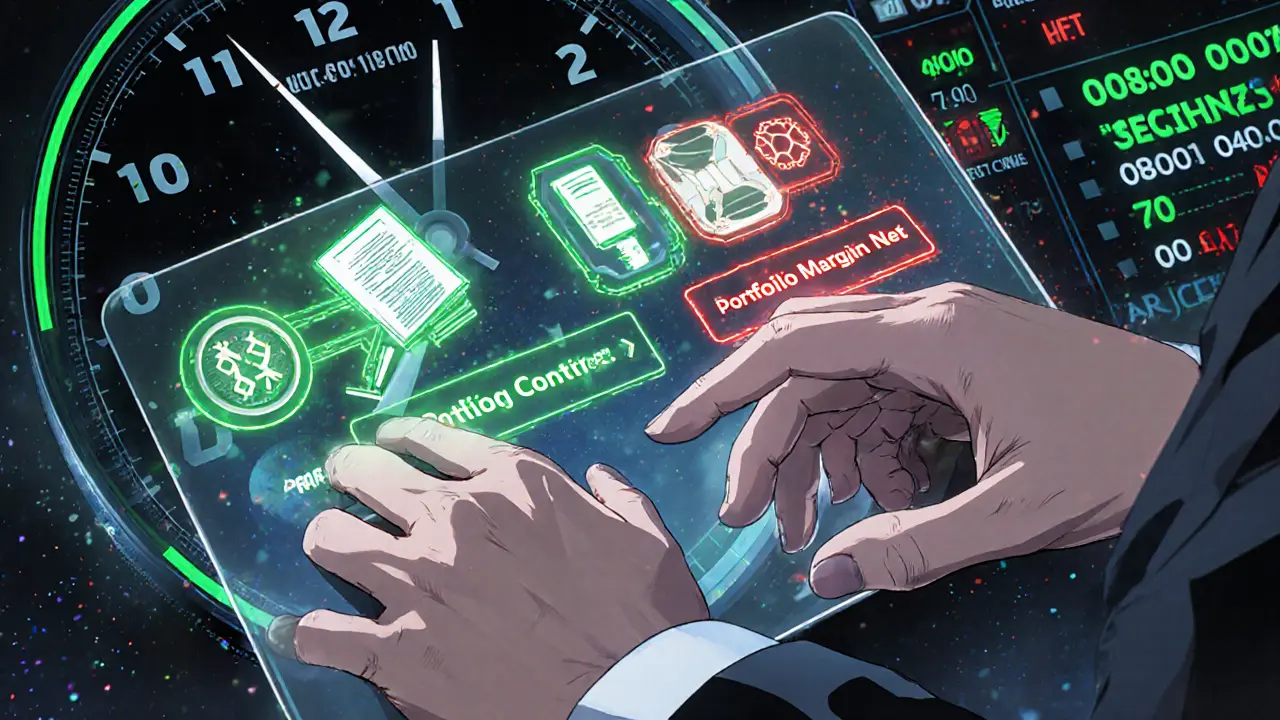 Close-up of hands executing a complex options strategy with floating financial instruments canceling out in glowing energy.