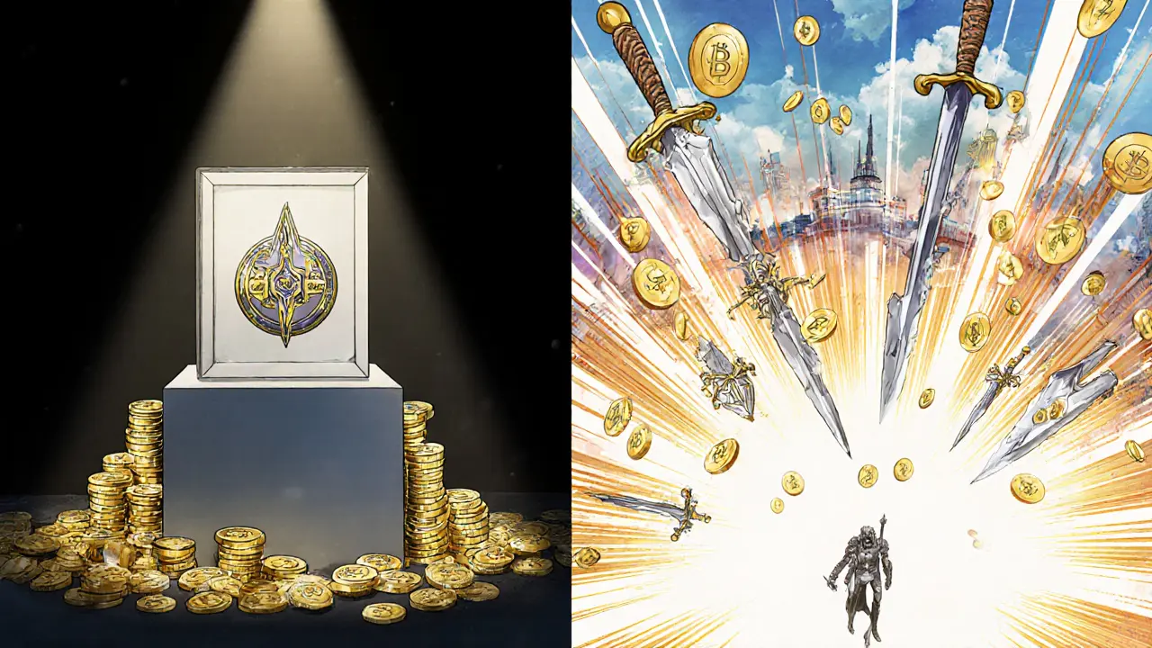 Contrasting ERC-721 art auction and ERC-1155 gaming NFTs in a split-panel manga scene.