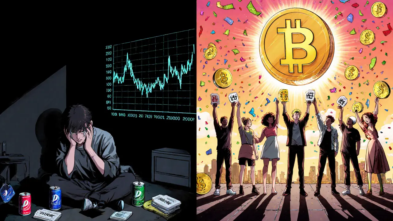 Contrasting manga panels: one investor in despair, creators celebrating under a glowing PUMP token sun.