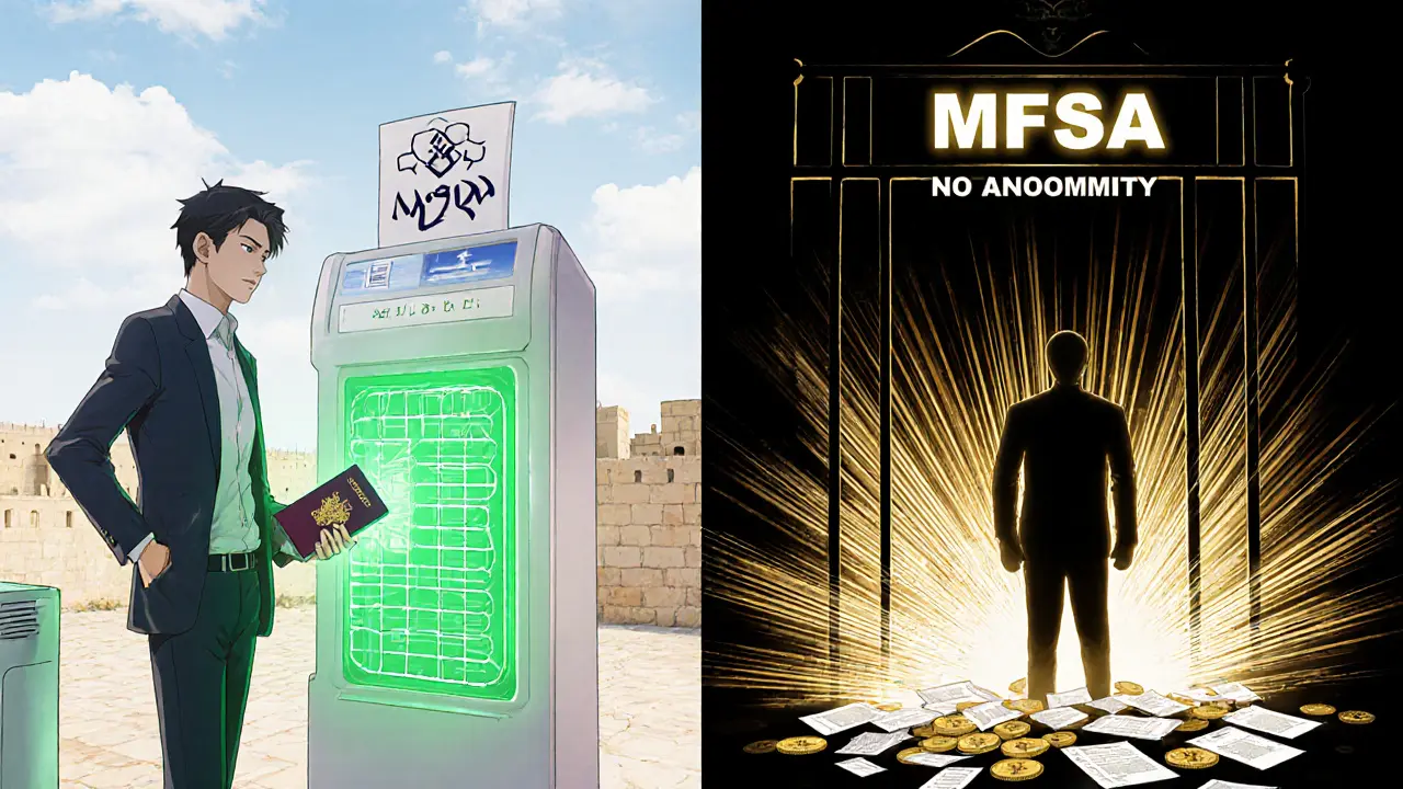 Crypto founder holding Maltese passport beside blockchain voting system, contrasted with rejected anonymous figure.