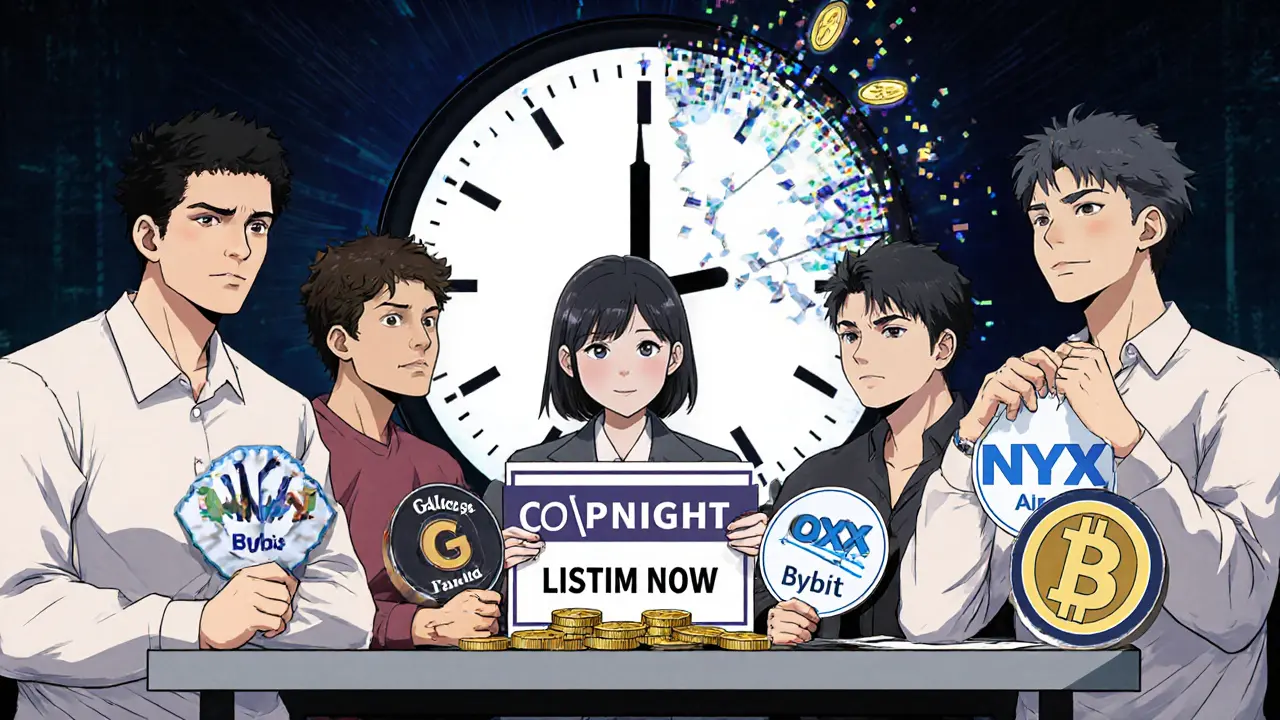 Crypto users holding airdrop badges with a fading clock and broken Bybit sign, showing missed opportunities.