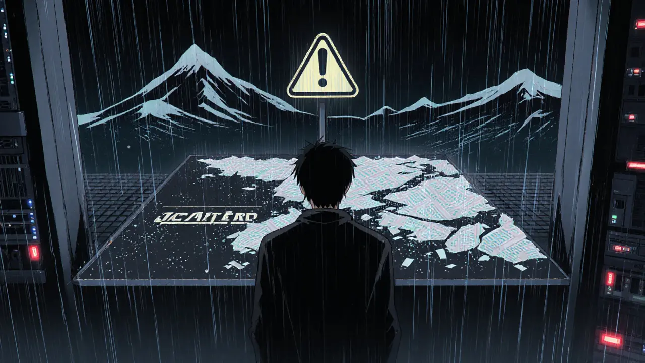 Developer facing a fractured ledger, half digital and half crumbling, with GDPR warning in anime style.