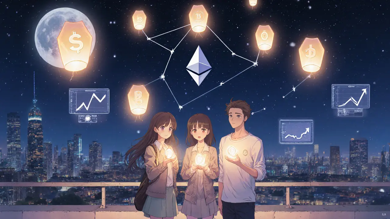 Friends on a rooftop releasing LST tokens as lanterns that form an Ethereum constellation in the night sky.