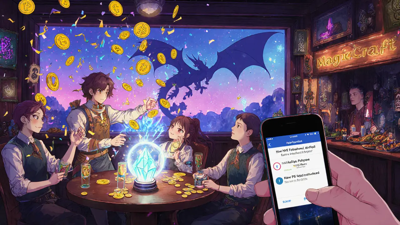 Guild members celebrate as MCRT tokens rain down in a neon-lit tavern with NFT trading and staking.