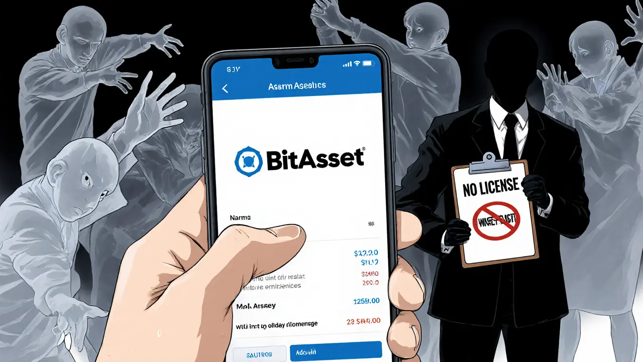 Hand hovering over BitAsset app as ghostly users reach out, with a faceless figure holding &#039;No License&#039; clipboard in shadow.