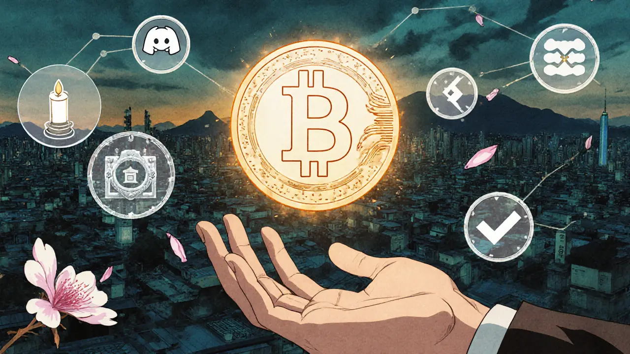 Hand reaching for a glowing SAKE token surrounded by icons of all earned points, DeFi platforms rising like shrines in the background.