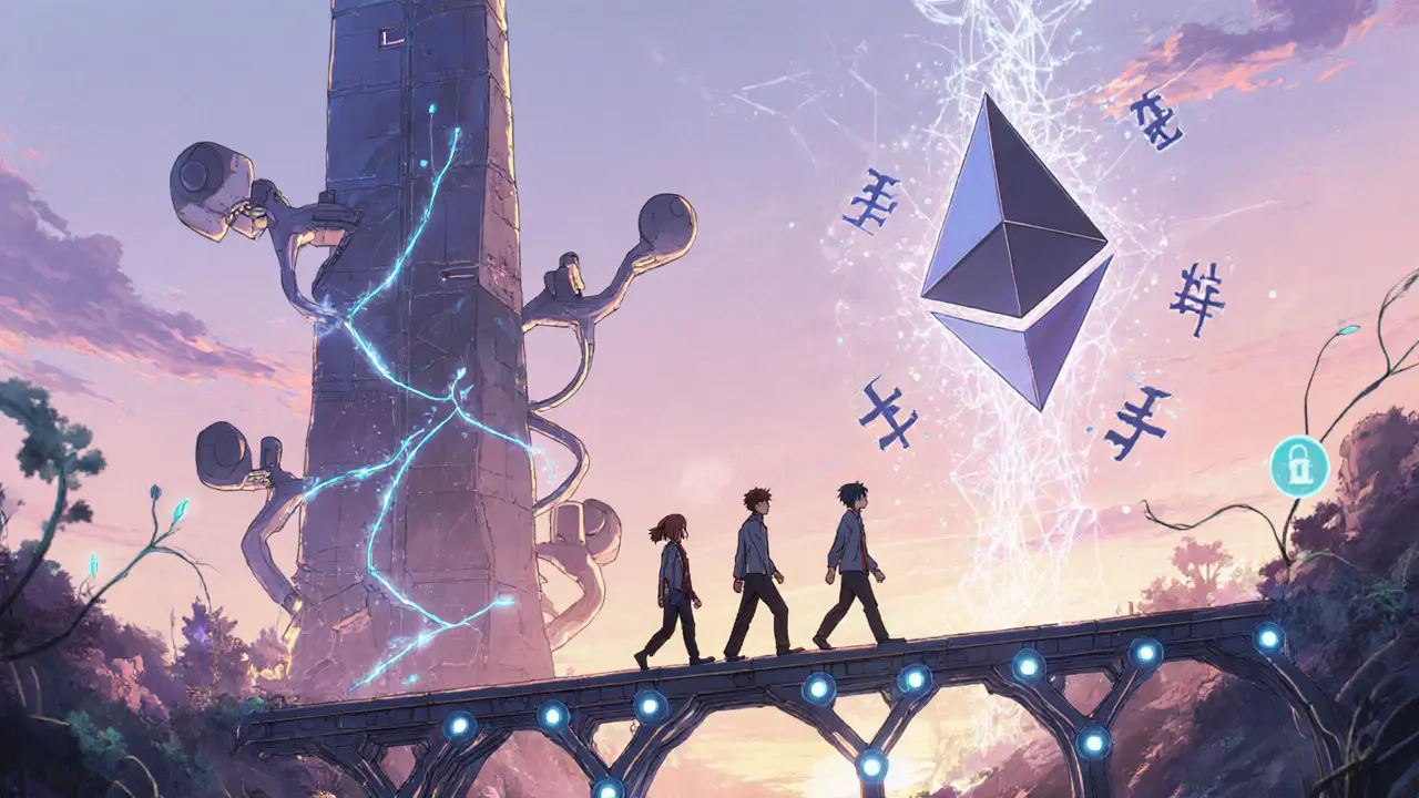 Hybrid blockchain tower and vine merging in sunrise landscape