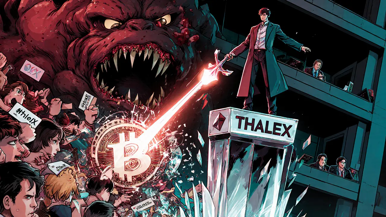 Institutional trader defeating chaotic retail trading with delta-hedging spear, supported by market makers on a cyberpunk-themed battlefield.