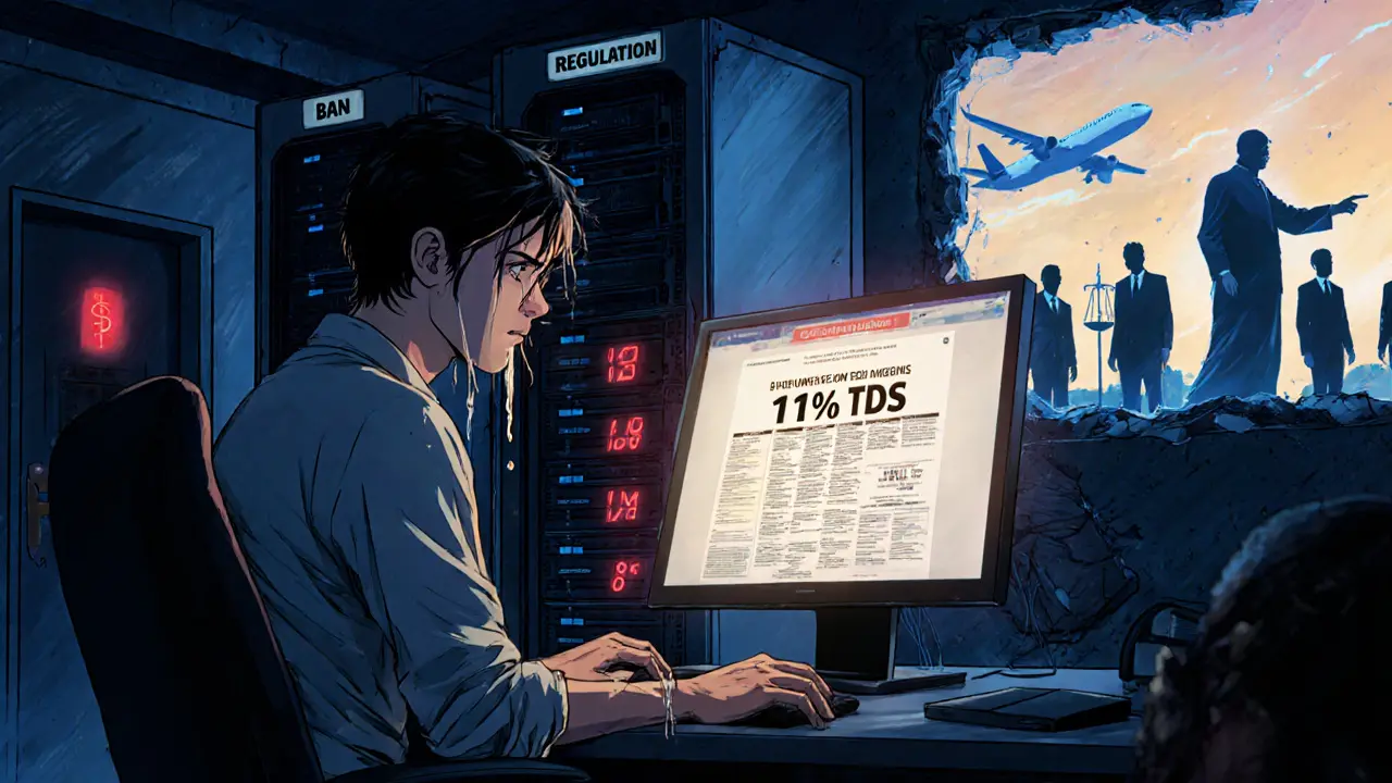 Lone miner in dim room with ASIC rigs, glowing tax notice, Supreme Court spirit pointing to regulation door.