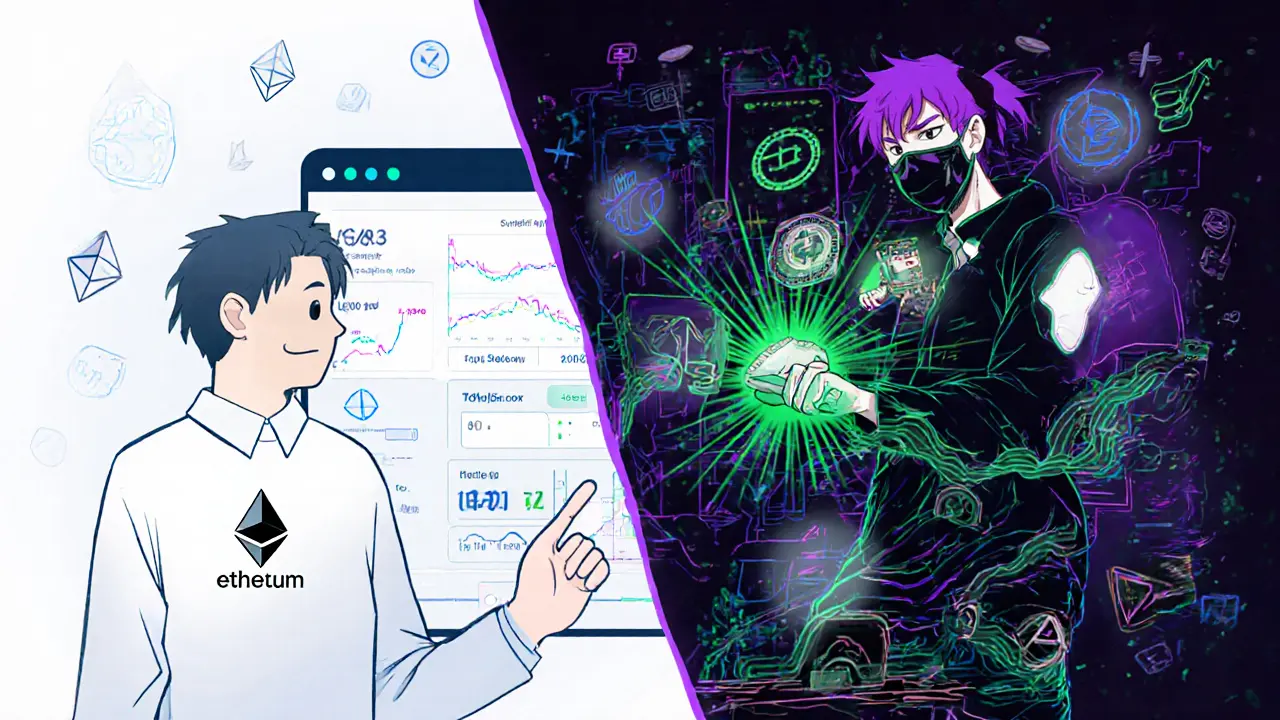 Split scene: simple Uniswap swap vs complex SushiSwap strategies in anime manga style.