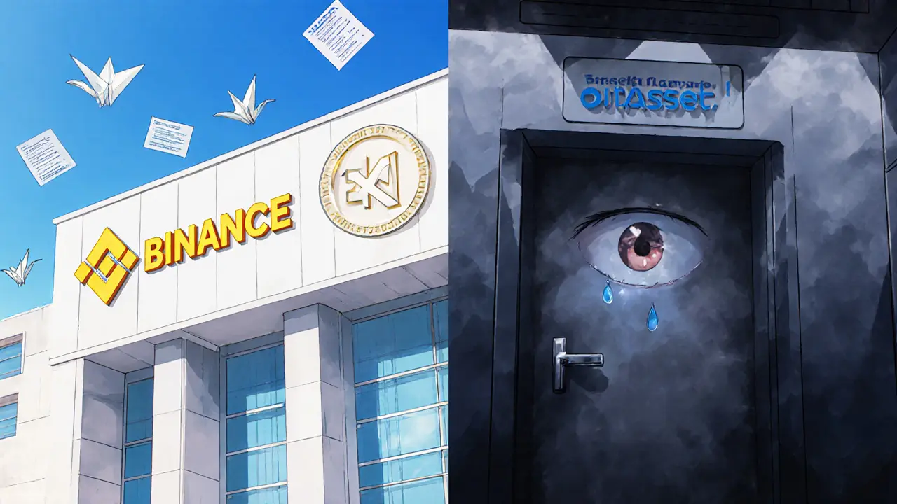 Split scene: transparent, trusted exchanges in light vs. BitAsset in dark fog with a locked withdrawal door and tearful user.