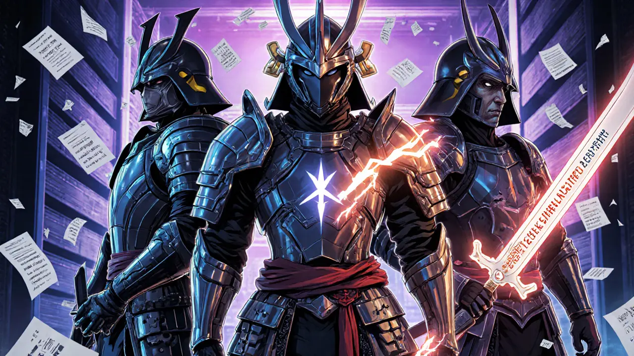 Three futuristic samurai warriors representing Hyperledger Fabric, Quorum, and Besu in a data center.