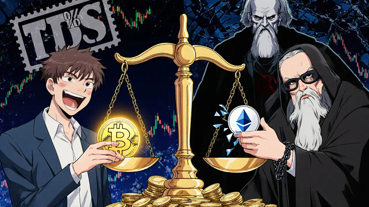 Trader holding Bitcoin while chained by Ethereum losses, with a tax judge balancing only profits.