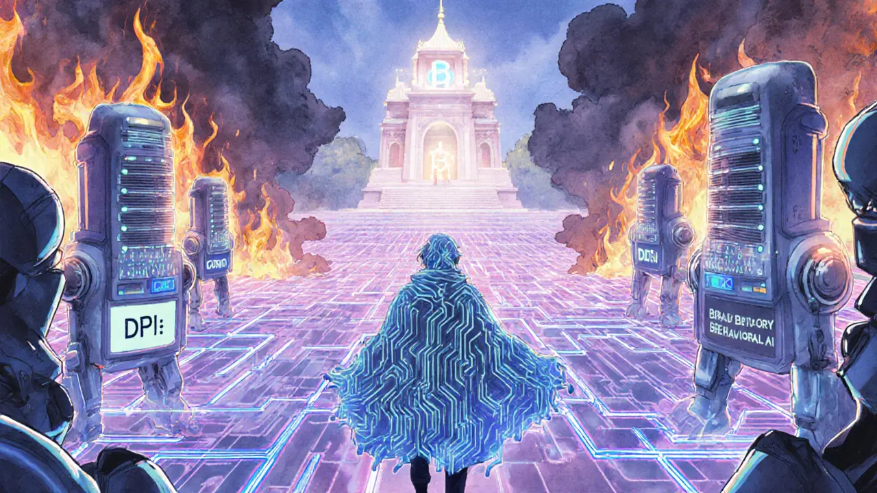 Traveler navigating a decentralized mixnet labyrinth past AI detectors, while traditional VPNs burn in background.