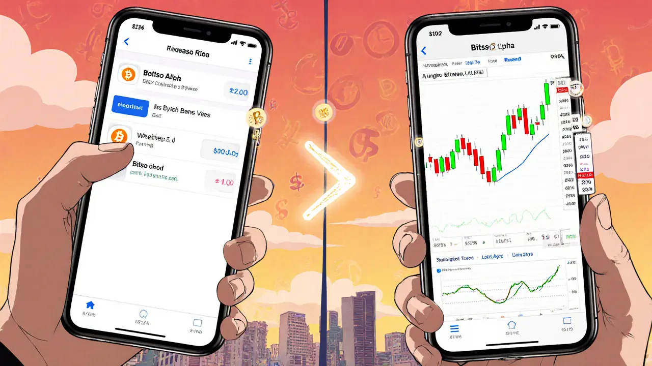Two smartphone screens side by side: one simple Bitso App and one advanced Bitso Alpha with trading charts, symbolizing beginner to trader journey.