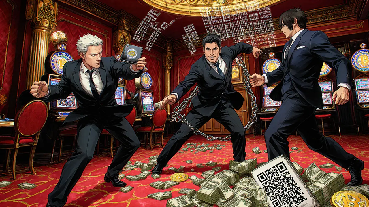 U.S. agents confronting criminal enforcers in a casino filled with cash and holographic crypto transactions.