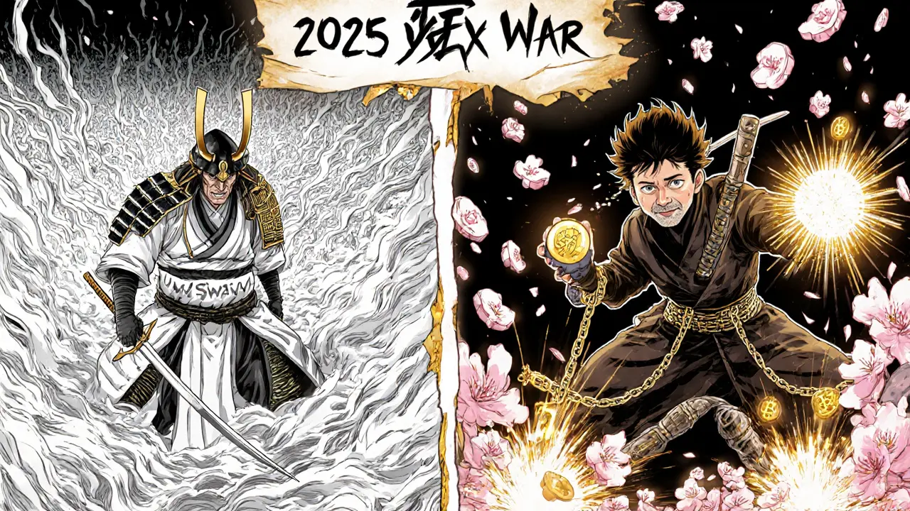 Uniswap samurai vs SushiSwap ninja in a manga-style battle, surrounded by blockchain bridges and reward explosions.